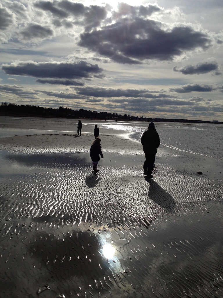 4 personer går på stranden i efterårsblæsten. De går sammen og hver for sig. Mærker vindens kraft, imens skyer suser over himlen og solen glimtvis rammer sandet og vandet.